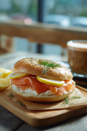 A bright morning light fills the cafe, showcasing a tempting smoked salmon bagel sandwich.の素材