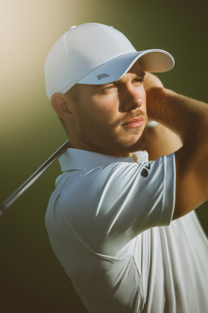 A focused male golfer in a white polo grips his club, surrounded by lush green grass.の素材