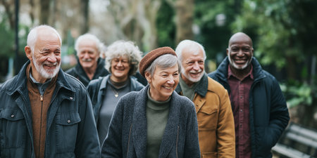A cheerful group of senior citizens strolls through a green park, sharing laughter and joy.の素材