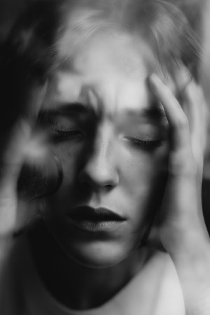 An individual experiences the heaviness of anxiety, displaying visible stress and internal struggle.の素材