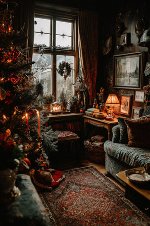 This cozy space boasts a bright Christmas tree, twinkling lights, and festive decor.の素材