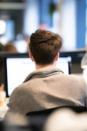 A young male IT apprentice sits at his desk in a vibrant office, concentrating on his work.の素材