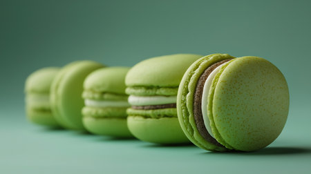Yuzu macarons embody elegance in a soothing green setting, inviting sweet indulgence.の素材