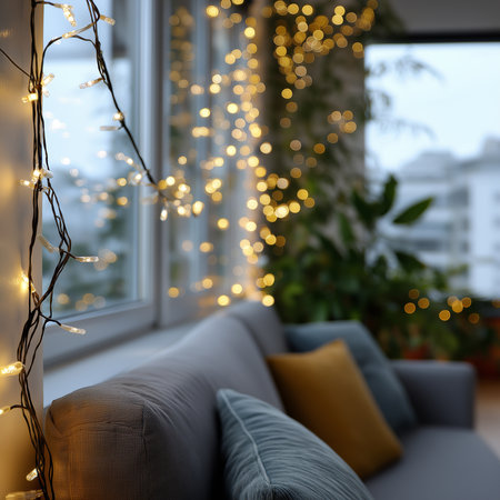 Soft light glimmers in a cozy room, filled with inviting decor and plantsâperfect for unwinding.の素材