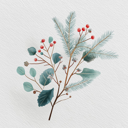 Watercolor art showcases cozy Christmas elements: green leaves, red berries, and pine needles.の素材