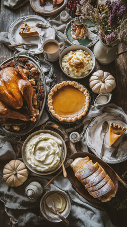 Roasted turkey graces a festive Thanksgiving table, surrounded by delicious sides and desserts.の素材