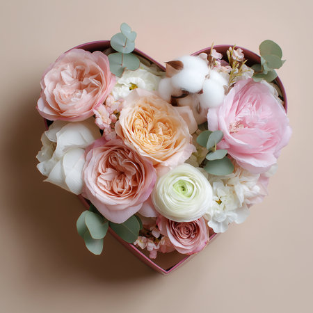 A charming heart-shaped box brimming with pastel flowers and soft greenery exudes love and warmth.の素材