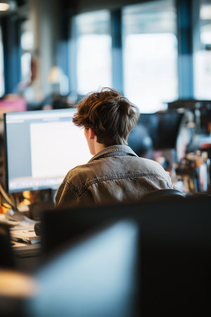 In a bright office, a young male IT apprentice focuses on his computer screen, learning and coding.の素材