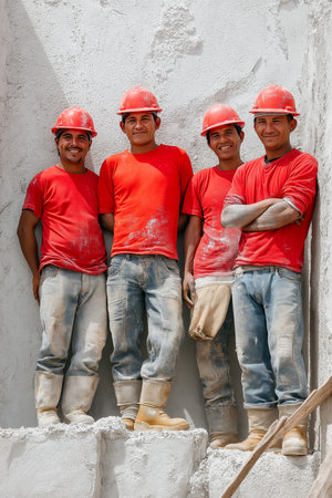 Four skilled workers in bright red shirts stand together, showcasing their teamwork and dedication.の素材