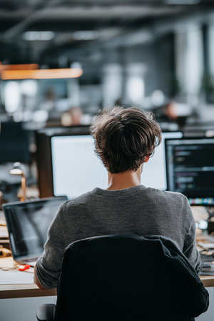Focused IT apprentice engages in coding tasks at his workstation in a busy office environment.の素材
