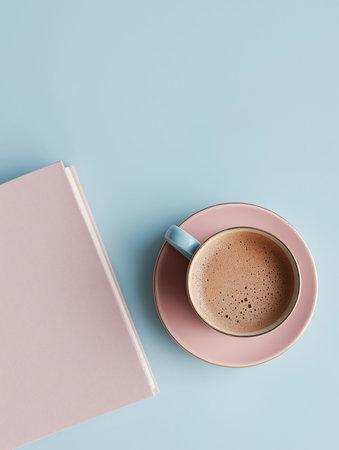 A warm cup of coffee rests beside a pastel notebook, creating a serene setting for reflection.の素材