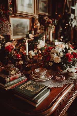 A lush display of flowers and candles sets a cozy atmosphere for holiday celebrations.の素材