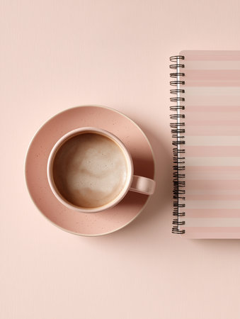 A pastel scene with a pink coffee cup and a stylish notebook for thoughtful moments.の素材