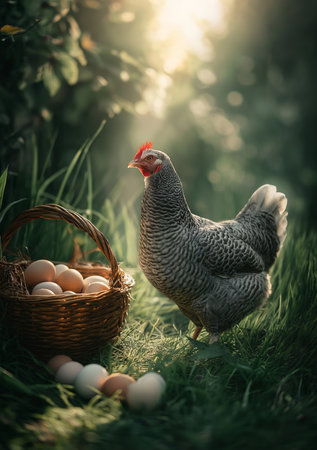 A calm scene features a grey and black hen beside a basket of fresh eggs on green grass.の素材