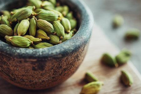 Close view of fresh green cardamom pods inviting exploration of culinary traditions and flavors.の素材