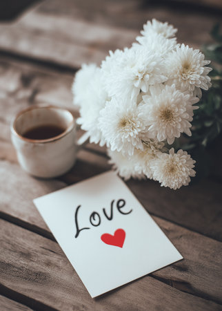 White chrysanthemums rest beautifully on a rustic table beside a warm coffee and a love note.の素材