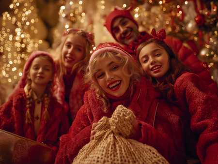 Families come together, dressed in cozy red outfits, celebrating Christmas with laughter and joy.の素材