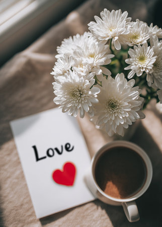 A bouquet of white chrysanthemums rests next to a cozy cup of coffee and a love note.の素材