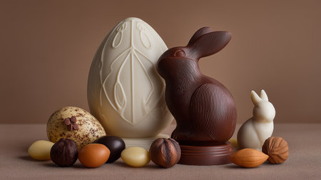 Seasonal display features beautifully crafted chocolate bunnies and eggs with delightful treats.の素材