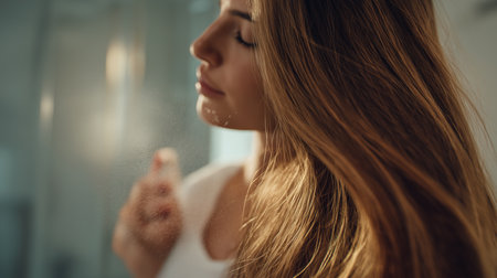 A woman with long, healthy hair uses a mist in bright sunlight, radiating calm.の素材