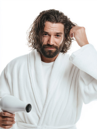 Wet hair being styled, a man enjoys a calm moment while drying off in a spacious, fresh bathroom.の素材