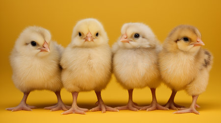 Four fluffy day old chicks are gathered on a vibrant yellow background, showcasing their cuteness.の素材