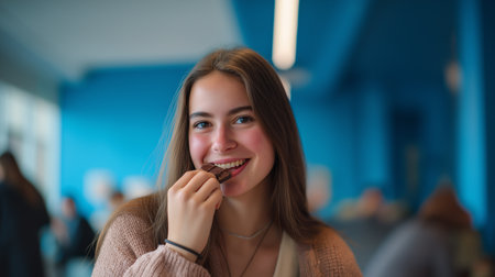 A young woman happily bites into a chocolate snack bar while sitting in a lively cafe.の素材