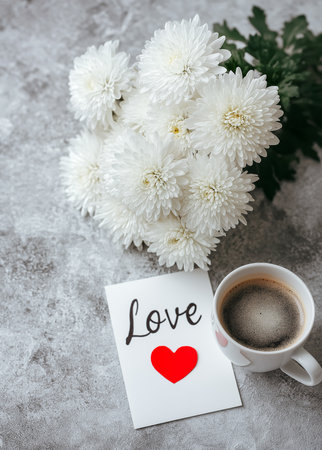 White chrysanthemums beside a coffee cup and love note create a warm atmosphere.の素材