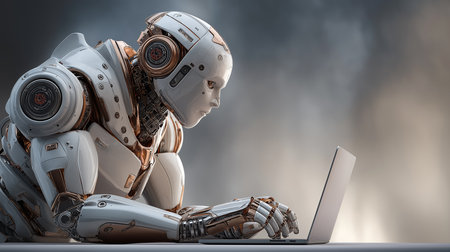 A humanoid robot interacts with a laptop, showcasing advanced technology in a sleek environment.の素材