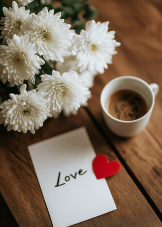 A bouquet of white chrysanthemums sits on a wooden table next to a steaming coffee cup.の素材