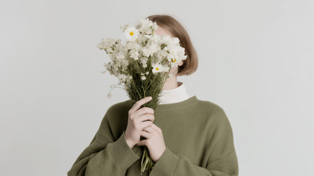 A woman stands gracefully, partly hidden by a beautiful bouquet of white flowers.の素材