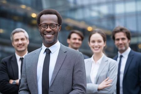 Business professionals pose outdoors, highlighting teamwork and collaboration.の素材