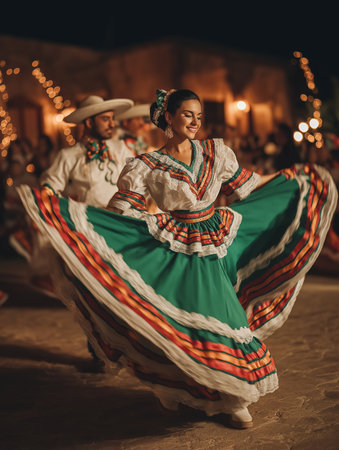 A woman dances gracefully in a vibrant dress, celebrating the joy of Mexican folklore at night.の素材