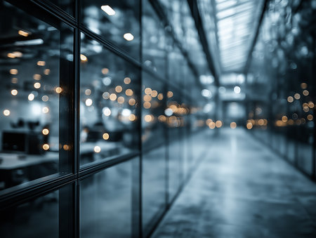 Soft reflections dance on the glass in a serene office environment with warm light tones.の素材