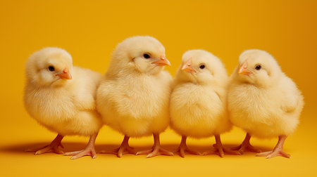 Four fluffy day-old chicks huddle together, their yellow feathers glowing in a bright backdrop.の素材