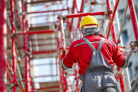 A worker in a helmet is welding a metal frame from scaffolding at a busy construction site.の素材