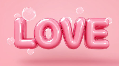 Bubble-shaped letters spell out the word love in pink, surrounded by cheerful floating bubbles.の素材