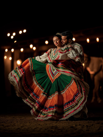 A couple dances vibrantly in traditional attire, set against a glowing backdrop of lights.の素材