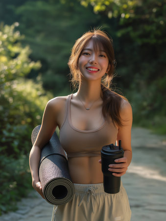 Smiling woman embraces nature while carrying a yoga mat and a drink on a sunny hiking trail.の素材