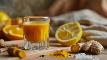 A vibrant turmeric shot with fresh lemons and ginger highlights health benefits.の素材