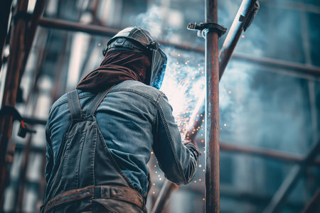 A worker welds a metal frame, creating sparks under the evening sky at a busy site.の素材