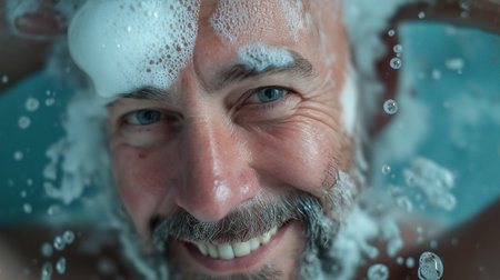 A man with a happy smile floats in bubbly water, surrounded by a peaceful atmosphere.の素材