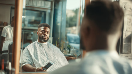 A man relaxes in a trendy barbershop, awaiting his stylish haircut and enjoying the vibe.の素材