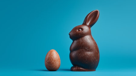 A cute chocolate rabbit sits next to a beautifully designed chocolate egg on a blue background.の素材