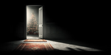 An open front door reveals a beautifully lit Christmas tree, warming the darkness.の素材
