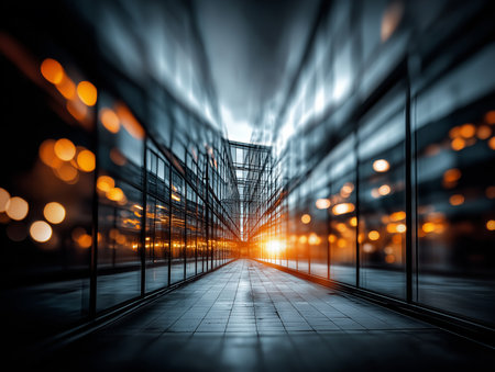 Soft light dances on blurred glass, leading to an inviting glow at dusk in a sleek urban setting.の素材