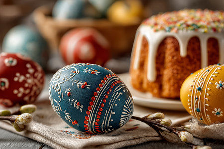 A lovely Easter table showcases decorated eggs and a sweet cake, inviting joy and unity.の素材