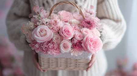 A person holds a lovely basket filled with various pink flowers, showcasing nature's beauty.の素材