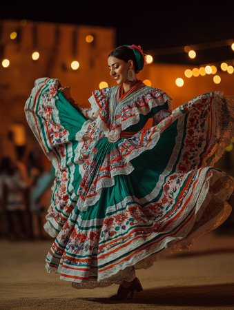 A woman gracefully performs Mexican folk dance, twirling in vibrant dress beneath colorful lights.の素材