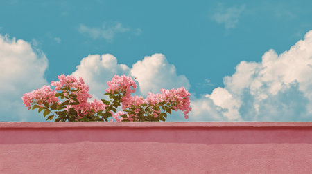 White flowers bloom on a pink wall beneath a clear blue sky with fluffy clouds.の素材